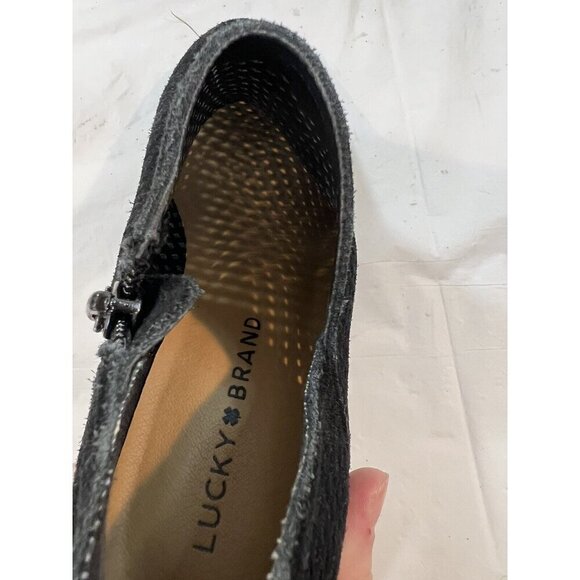 Lucky Brand Baley Black Suede Mesh Block Heel Side Zip Ankle Booties Boots  6.5 - Picture 6 of 14